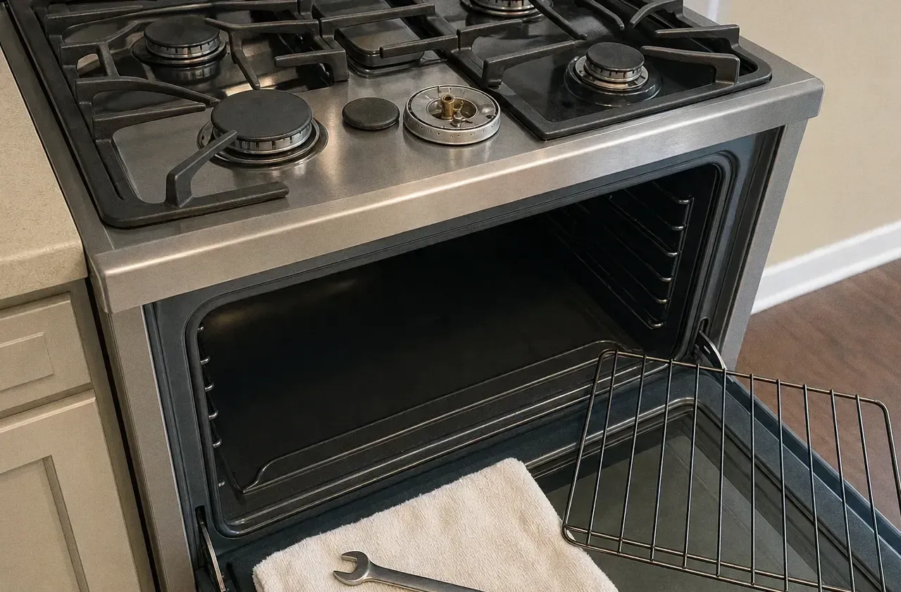 Gas cooktop with one burner head lifted off and its cap set down beside it, the oven open below and a rack leaning alongside