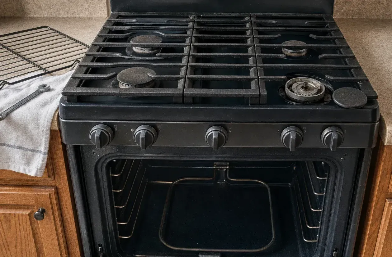 Looking down onto a black gas cooktop with one burner cap removed, the oven standing open below and a rack propped alongside
