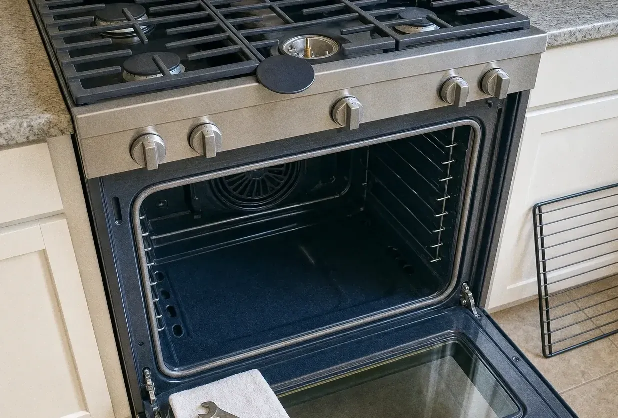 Gas range with one burner disassembled and the oven open on the fan cover, a towel and wrench on the worktop