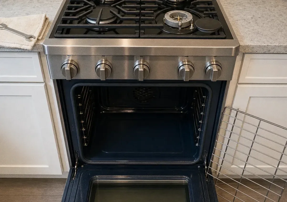 Stainless range with the oven open and one burner taken apart, a wrench on a towel at the left of the cooktop