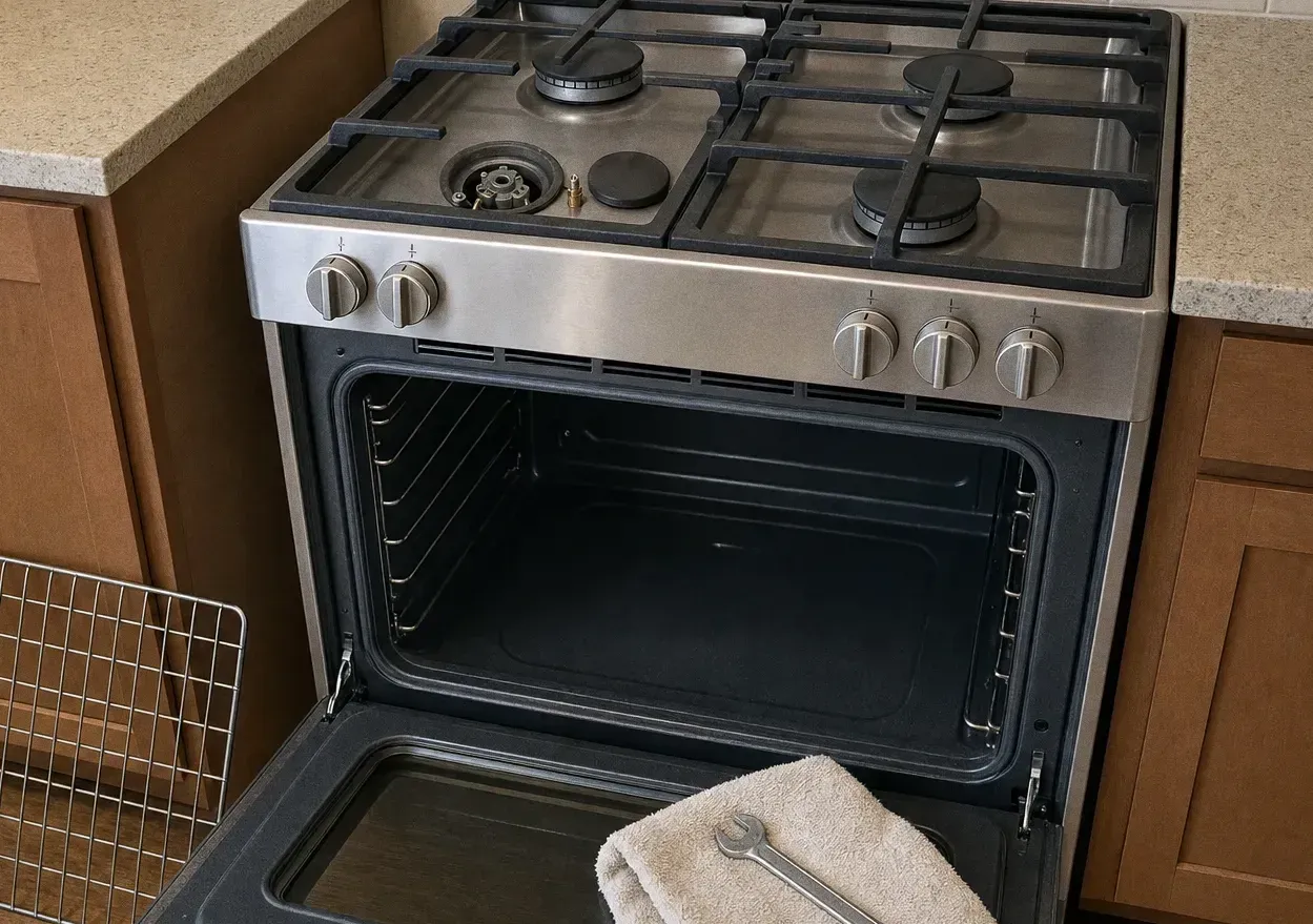 Stainless range with two burner heads exposed on the cooktop, the oven door open and a rack standing on the floor